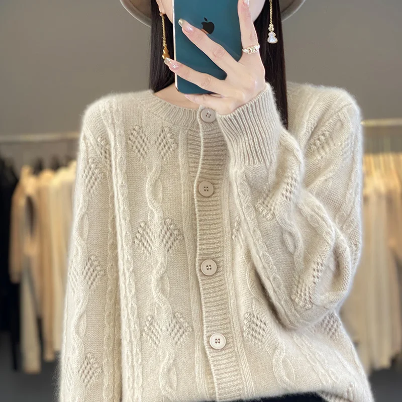 

FRSEUCAG 2024 new women's O-neck cardigan sweater solid color knitted casual women's long sleeved hollow pure wool sweater