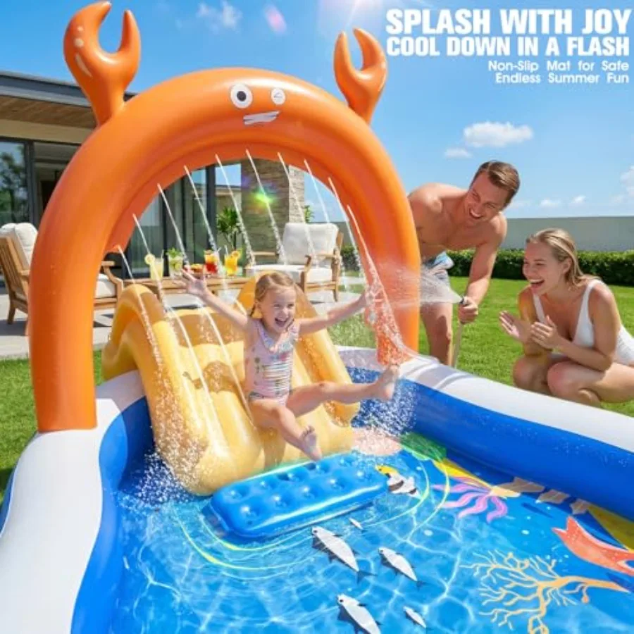 Backyard toddler pool with water slide sprinkler, PVC inflatable play center in blue and yellow, extra-large 120x70x50 splash p view 3