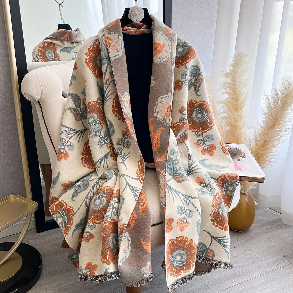Bufanda de flores para mujer, chal cálido de Cachemira de imitación, diseño Jacquard grueso Simple para otoño e invierno