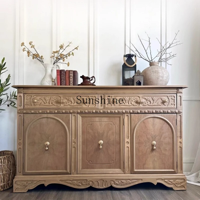 

French retro solid wood carving flower dining side cabinet living room dining room storage wine cabinet