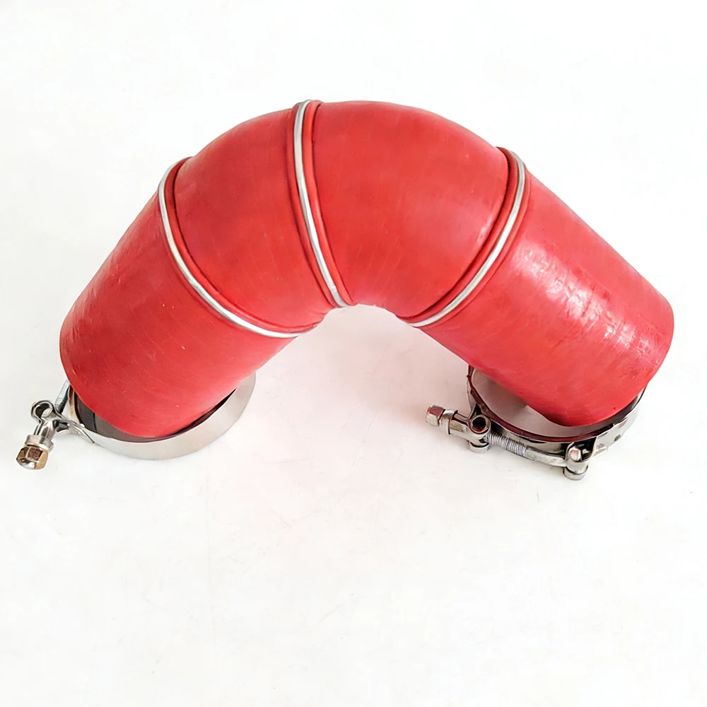 

Red 90 degree variable diameter silicone hose resistant to high and low temperatures