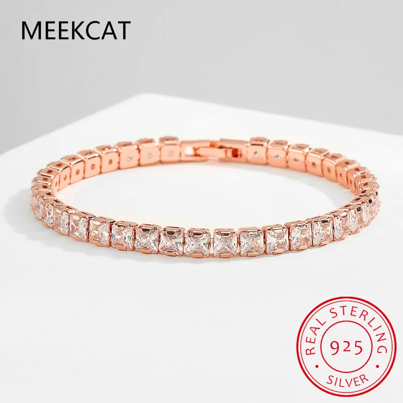 2023 New Luxury Princess Square Moissanite Tennis Bracelet for Women Full Diamond 925 Sterling Silver Bangle Anniversary Gift