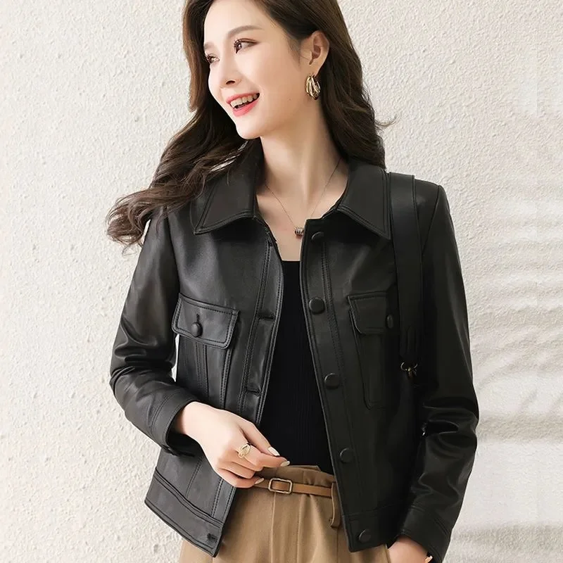 Lapel PU Leather Jacket Women 2024Spring Autumn New Coat Fashion Locomotive Goddess Overcoat High Quality Short Outerwear Female