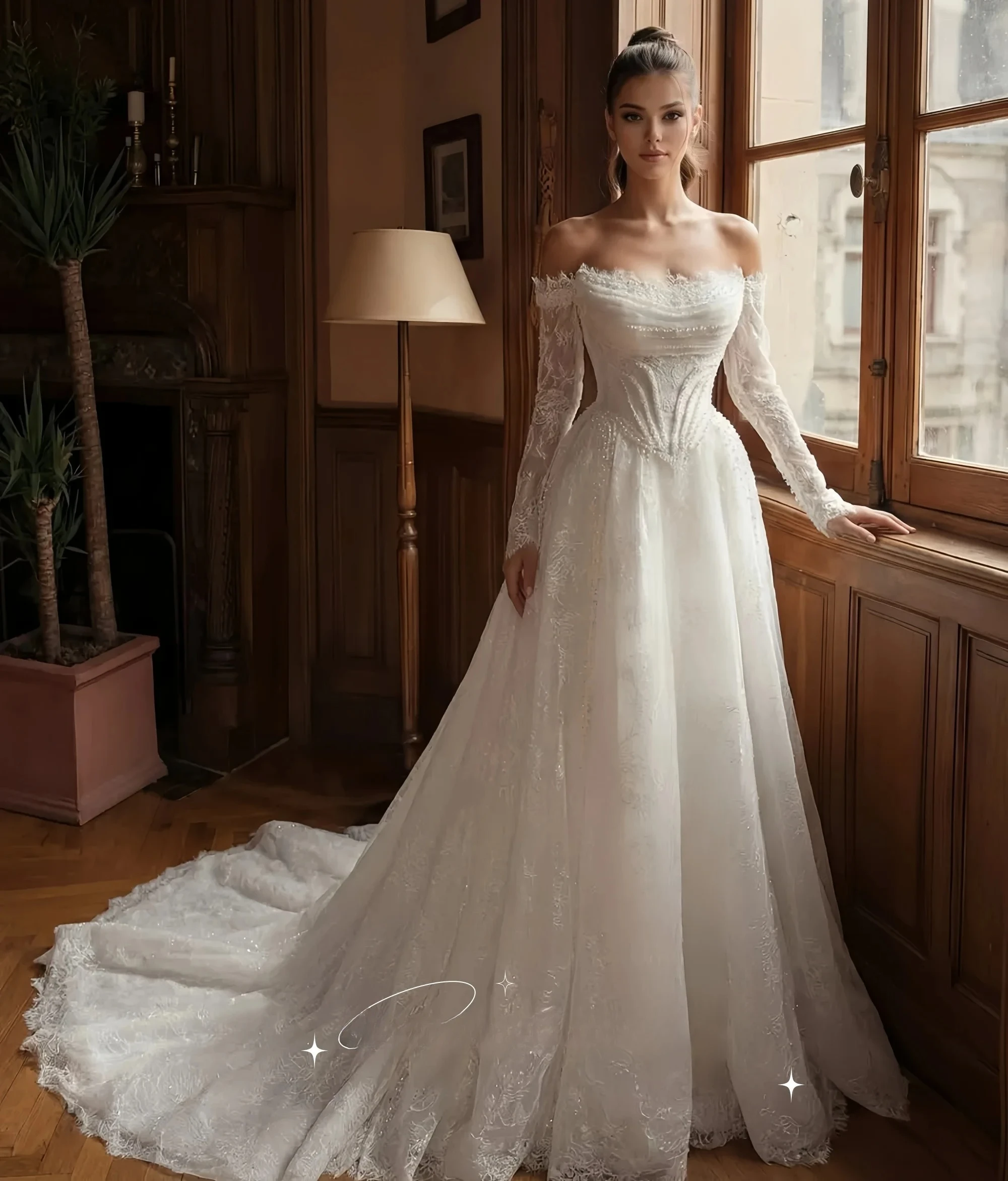 Customized Antique Lace Off Shoulder Wedding Attire Slim Sleeves Rhinestone Detailed Corset A-Line Fairytale Bridal Robes