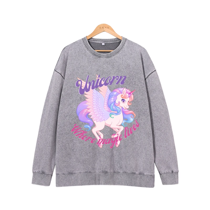 Women\'s round neck sweatshirt paired with purple unicorn print casual pure cotton loose women\'s long sleeved top