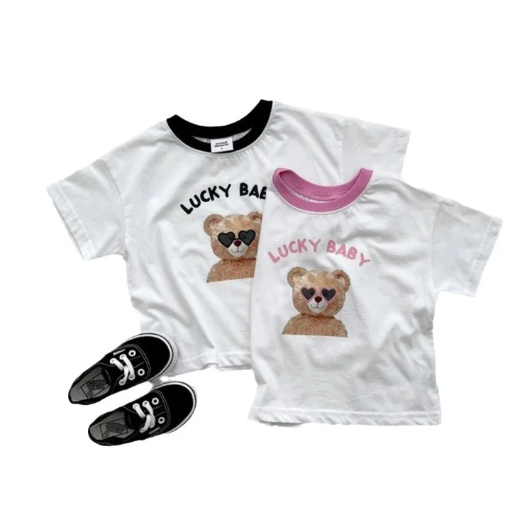 Summer New Children Short Sleeve T Shirts Cotton Girls Cute Cartoon Bear Letter Print Tees Boys Thin Casual Tops Kids Clothes