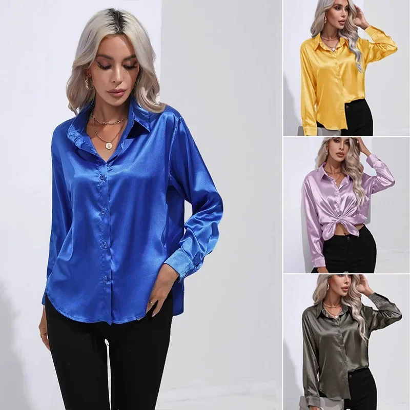 Celmia Women White Shirts Fashion Blouse Korean Reviews New 2024 Casual Loose Satin Imitation Silk Female Shirt Office Clothing