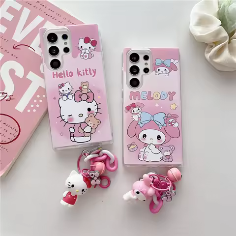 Bell keychain Hello Kitty My Melody Sanrio Phone Case For Samsung Galaxy S22 S23 S24 Ultra Plus A52 A53 A54 A13 A23 A34 Cover