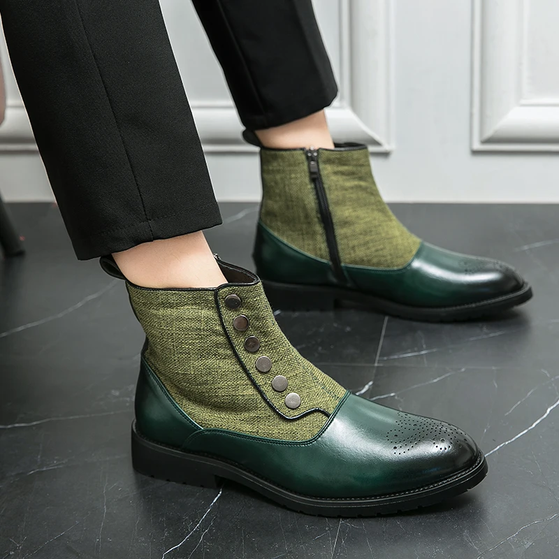 Trendy green cloth panel Chelsea boots Men\'s short boots Pointed leather shoes Versatile Casual Boots Daily Party Dress Shoes