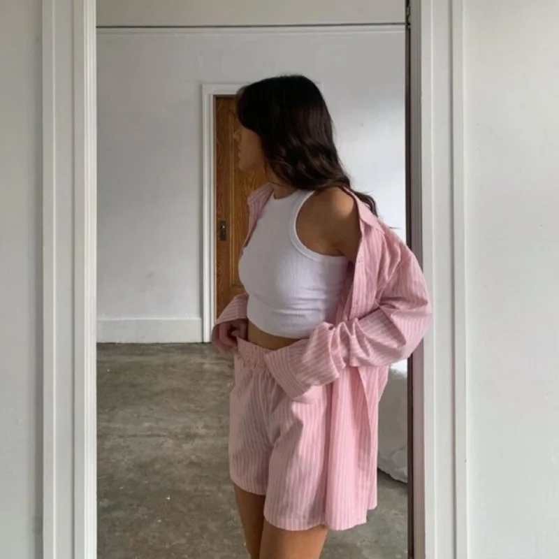 Two-Piece Striped Sportswear Set for Women, Casual Shorts, Long Sleeved Shirt Top, Loose Fitting, High Waisted, Home Clothing