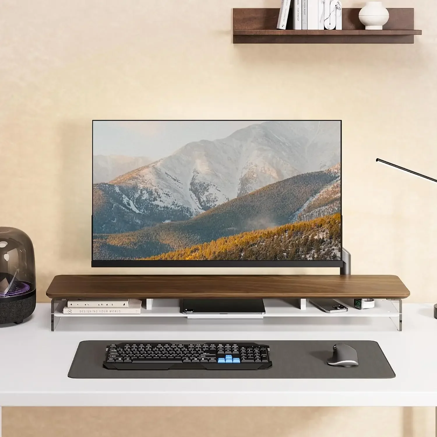 Acrylic Monitor Stand Riser, 42.5 Inches Dual Monitor Stand with Metal Storage, 2 Tier Acrylic Computer Riser for Desk, Clear La