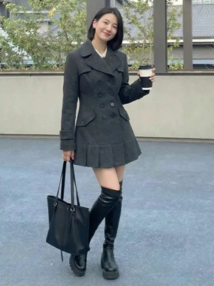 Winter Französisch Retro Elegante Wollmantel frauen Zweireiher Rüschen Hepburn Langarm Mantel Neue Grau Vintage Oberbekleidung