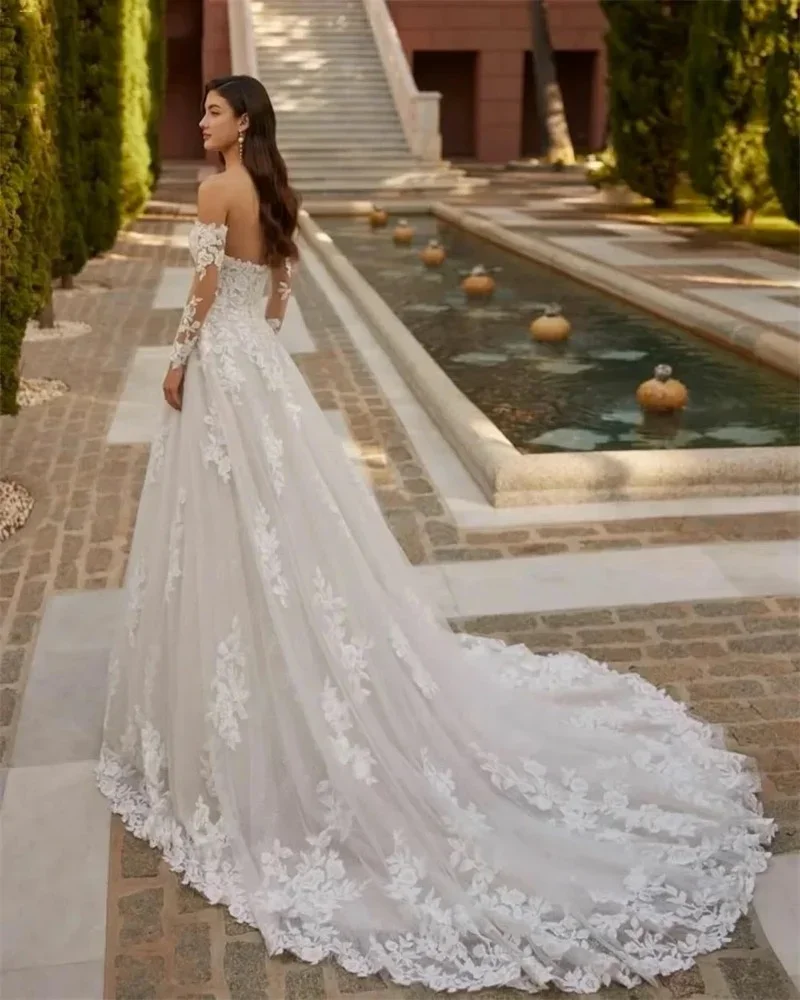 Customized Elegant Appliques Wedding Dresses A Line Appliques Long Sleeve Woman's Bride Gowns Off The Shoulder Vestidos De novia