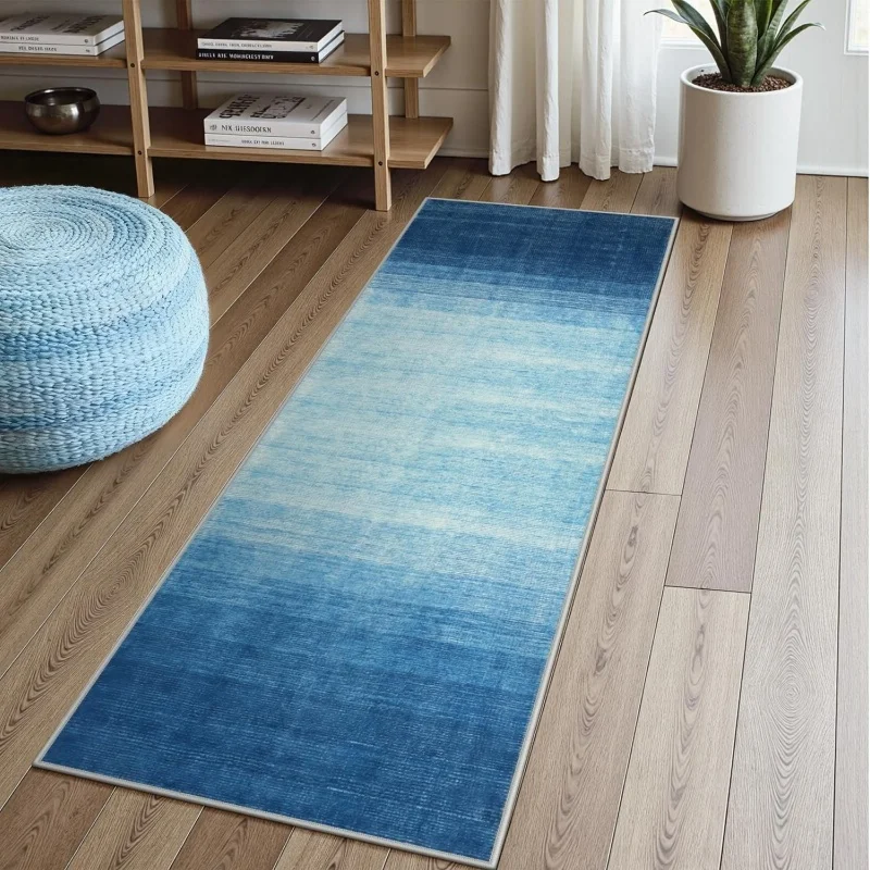 Soft Blue Gradient Runner Rug Non-Slip Area Rug Abstract Ombre Throw Rug for Kitchen Hallway Bedroom Living Room Home Decor