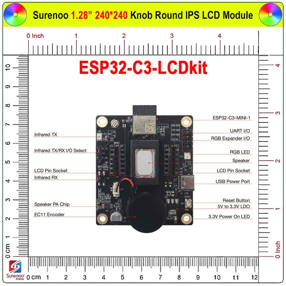 Perilla giratoria Circular redonda de 1,28 pulgadas, 240x240, IPS ESP32-C3, HMI, UI, módulo LCD, Panel de pantalla, tecla de interruptor para 2. °