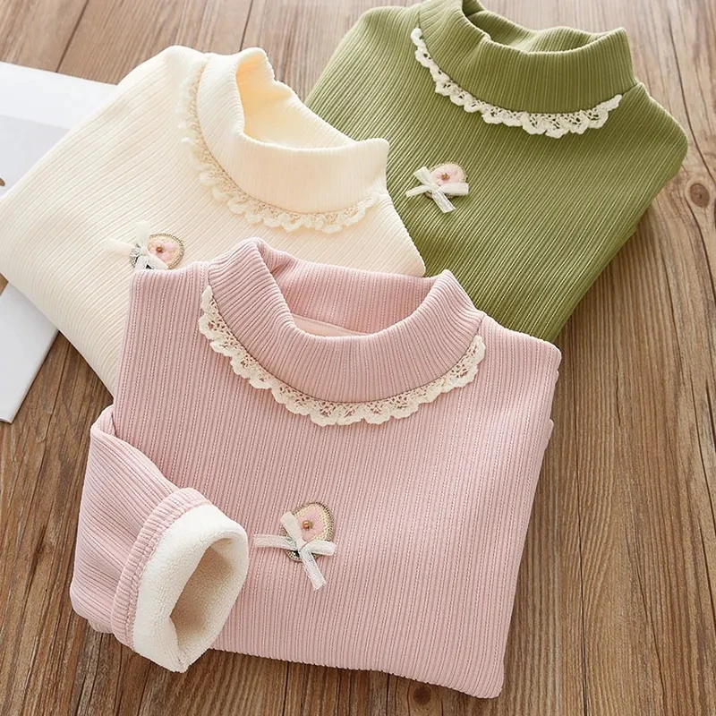 

Girls Baby Velvet Bottom Shirt Autumn/Winter Children's Half High Neck Warm Top Kids Girls' Long Sleeve T-shirt