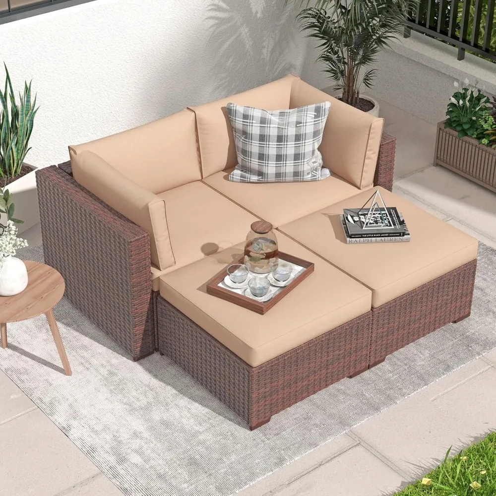 

4 Piece Patio Sectional Sofa Set, All Weather Wicker Patio Furniture with Loveseat Sofa Ottoman, Beige Cushion