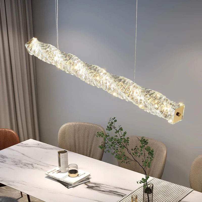 Modern Luxury Crystal Hang Lamp Gold Chrome Metal Dar Dining Room Long Strip Pendant Light for Kitchen