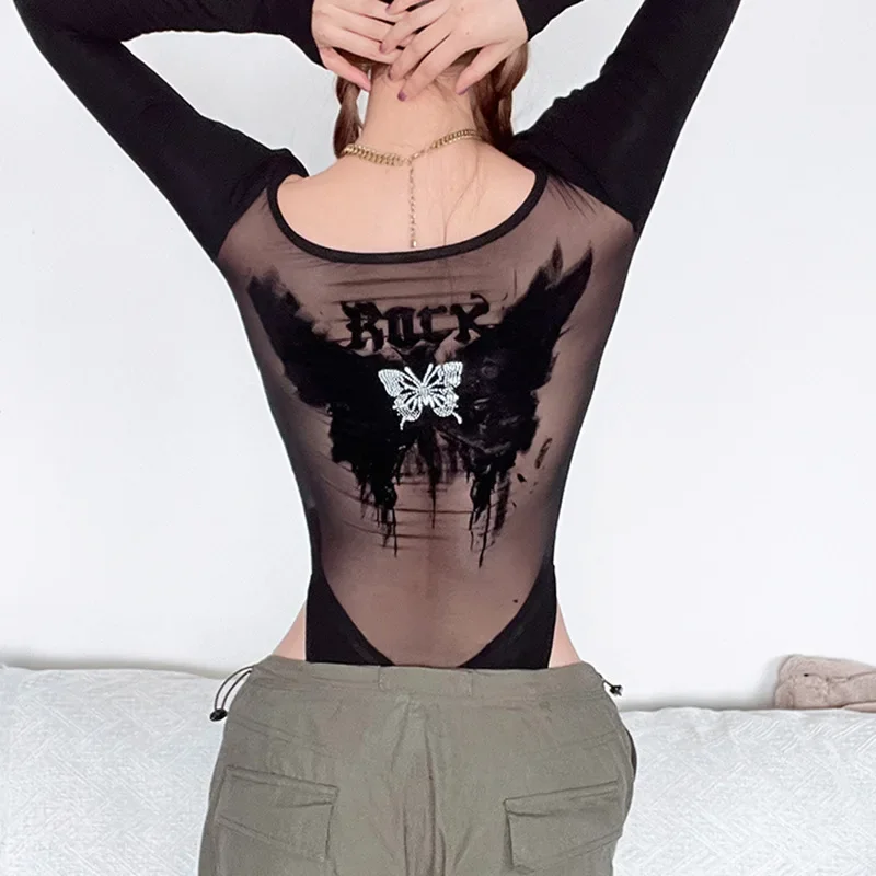 2025 New Vintage Dark Gothic Mesh See Through Butterfly Print Skinny Bodysuits Sexy Backless V-neck Y2K Grunge Street Bodysuit