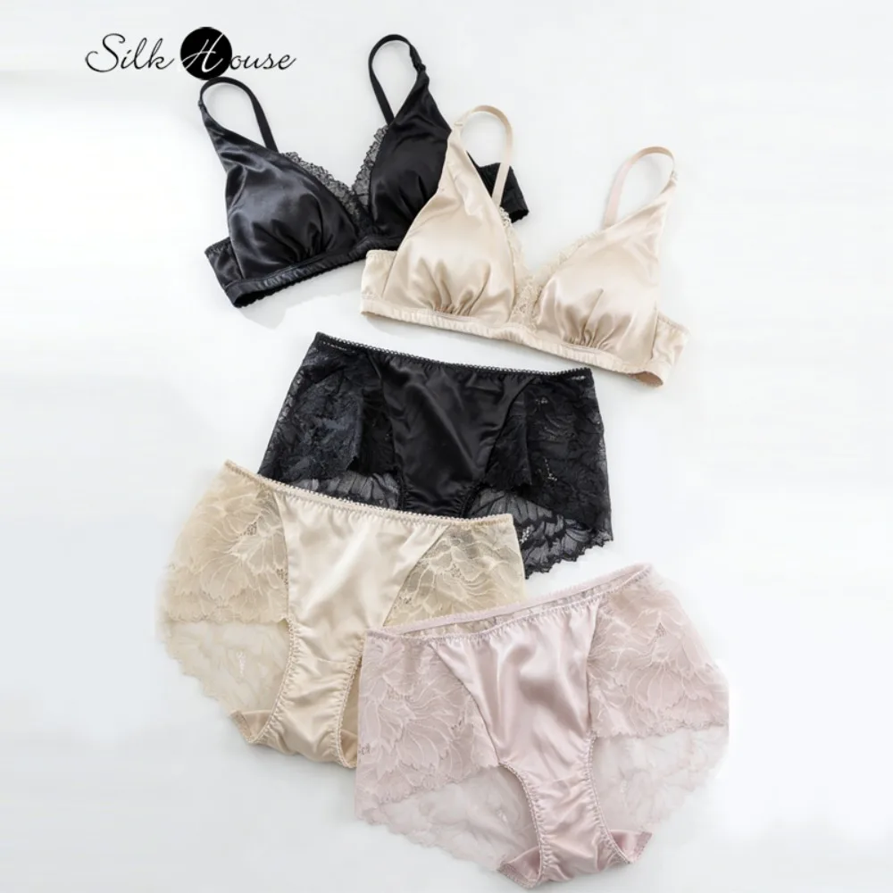 

Комплект женского сексуального нижнего белья из 92% натурального шелка тутового шелкопряда (без кружева): бюстгальтер и трусики со средней посадкой и кружевным дизайном, французский стиль