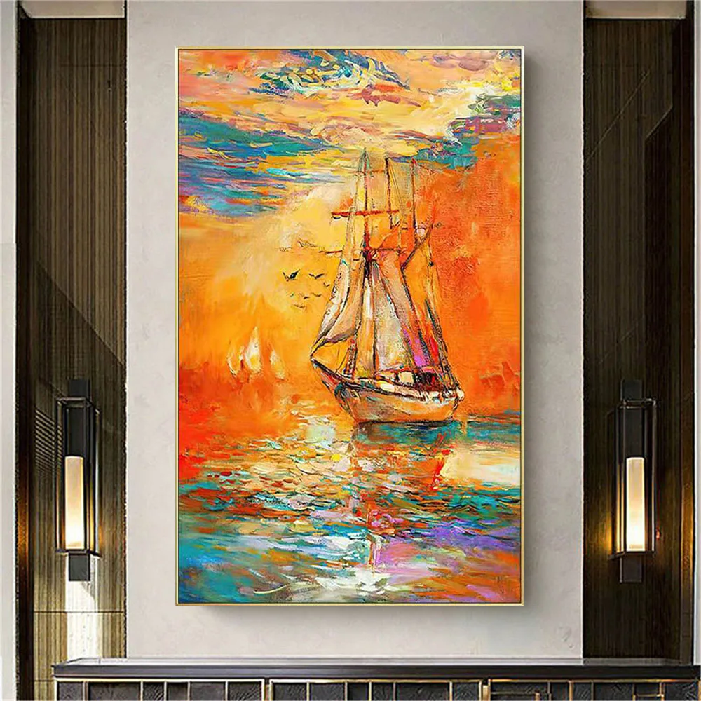 

Pure Handmade Abstract Colorful Graffiti Wall Art Pictures Sailboat Oil Painting On Canvas Trim Home Living Room Decor Pendant