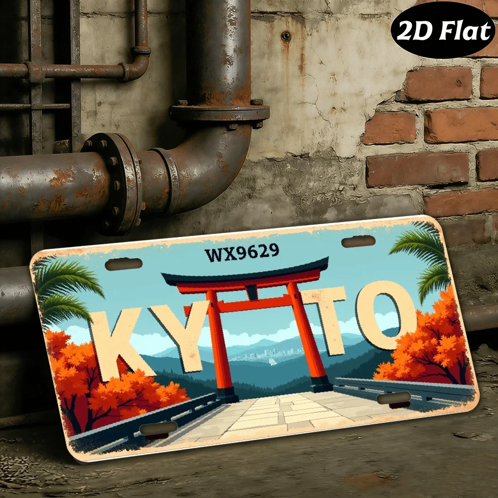2D Flat, 1pc Vintage Kyoto Japan Metal Wall Sign - with Traditional Torii Gate Red Maple Trees, Industrial Style Decor for Bar