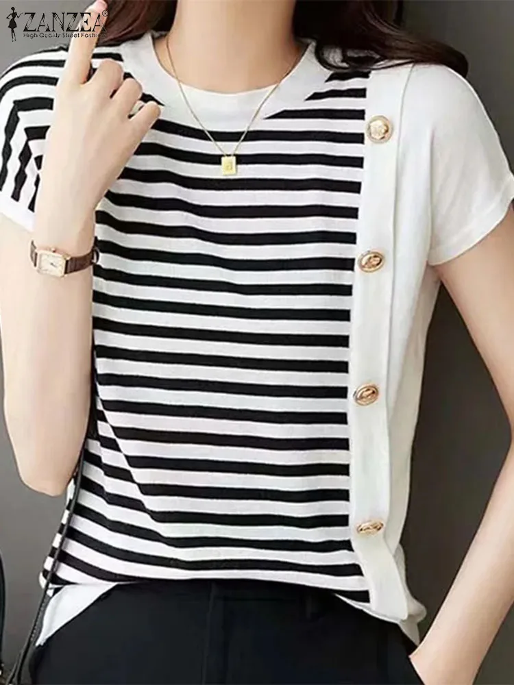 ZANZEA Women Summer Fashion OL Work Shirt Casual Striped Patchwork Tops Stylish Office Blusas Mujer Elegant Short Sleeve Blouse