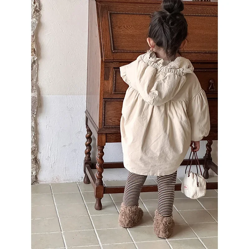 Girls Coat 2024 Autumn New Childrens Wear Korean Style Girl Baby Foreign Plus Fleece Hooded Trench Coat Casual Simple Daily