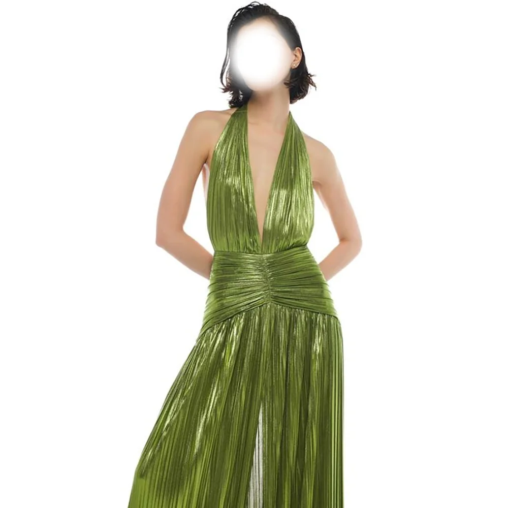 

Sexy Deep V-Neck Backless Evening Party Dress High Slit Long Prom Gowns Pleat Straight Cocktail Party Dress 2025 Customized