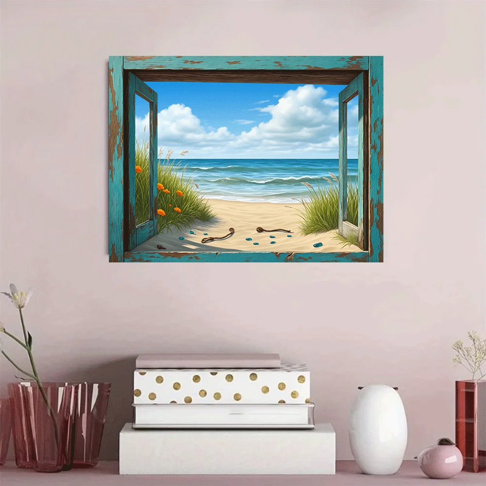 1PC-Canvas poster Unframed  Beach View Through Rustic Window Ocean Waves Sandy Shore Coastal Art Canvas Print  summer