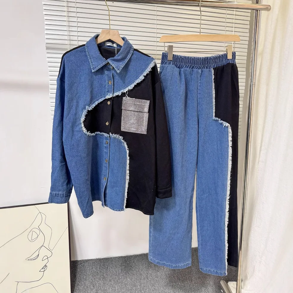 

Autumn Splicing Denim Set for Women Lapel Rhinestone Long Sleeve Shirt Wide Leg Pants Two Pieces Sets American Fashion Suit