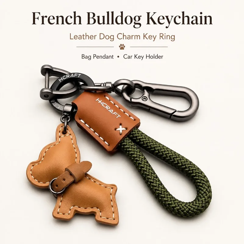 Leather French Bulldog Keychain Cute Dog Charm Braided Rope Key Ring Car Key Holder Purse Bag Pendant Fashion Gift for Women
