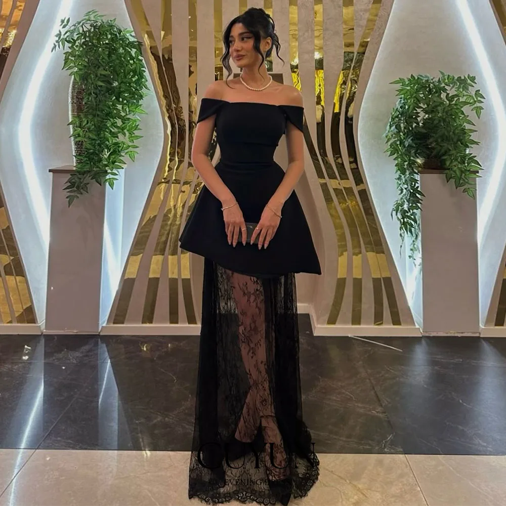 CUYUN Black Elegant Women Prom Dresses Off the Shoulder Patchwork Lace Party Gown Customized A Line Formal Evening Dress Banquet
