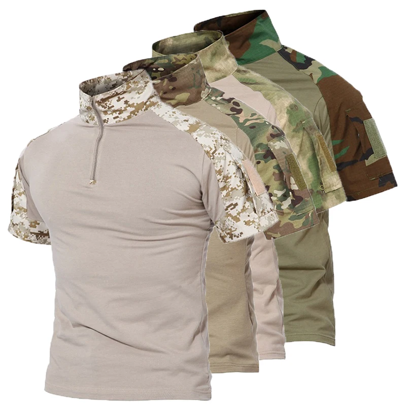 Taktyczne koszulki męskie Outdoor Sports kamuflaż bawełniana koszulka z krótkim rękawem piesze wycieczki polowanie bojowe mężczyźni Paintball odzież Camo