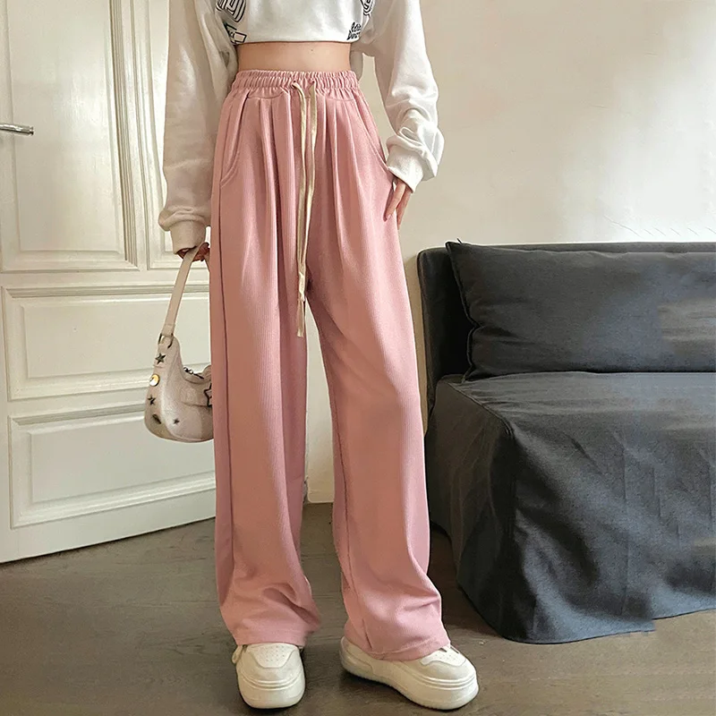 Women Cutecore Pink Casual Sweatpants Lady Wide Leg Concise Sports Style Trousers Female Daily High Waisted Korean Version Pants