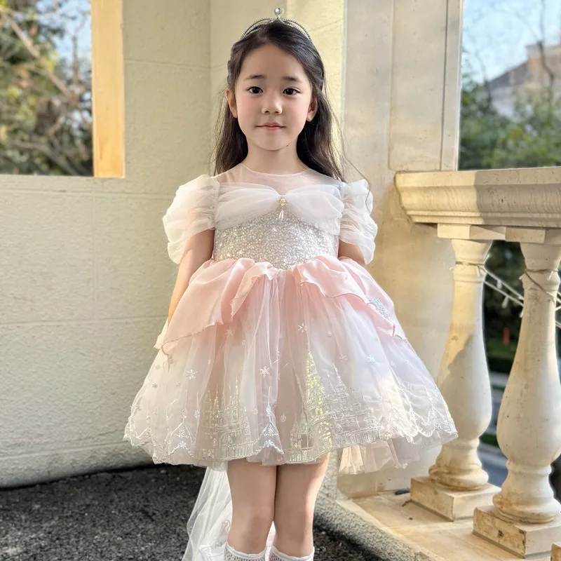 Elsa Princess Dress For Little Girls Short Sleeve Big Bow Embroidery Glowing Tutu Dress Kids Birthday Party Photography Costume