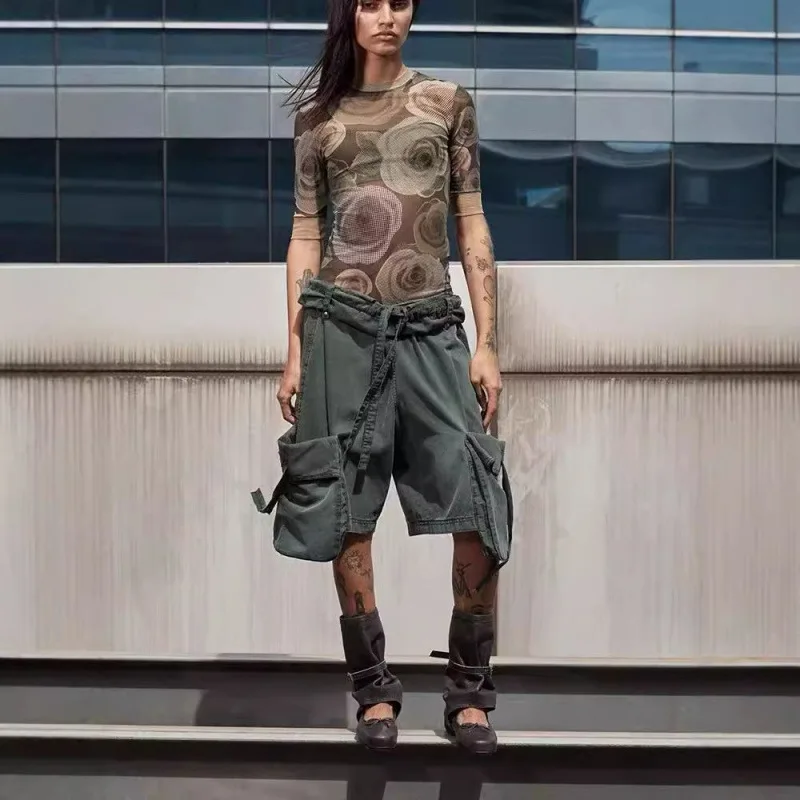 

OPEN YY work pants 2025 fashion spring and summer new washed and old flap waist side shorts workwear five-minute pant