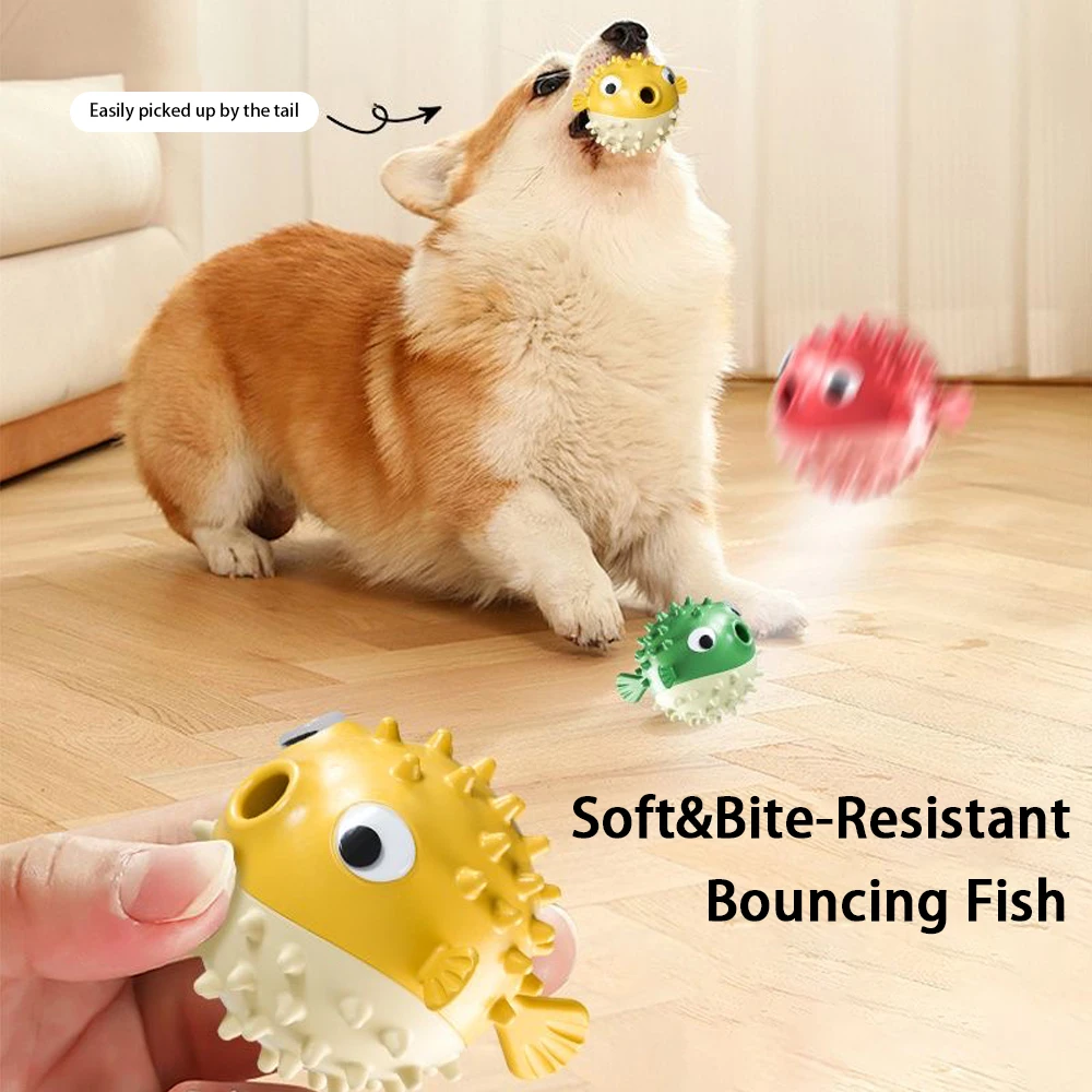 Juguetes de pez saltarín para perros, alivian el aburrimiento, resistentes a mordeduras, con dispensador de comida, sonidos, elasticidad, juguete de pez de rompecabezas lindo para jugar con perros