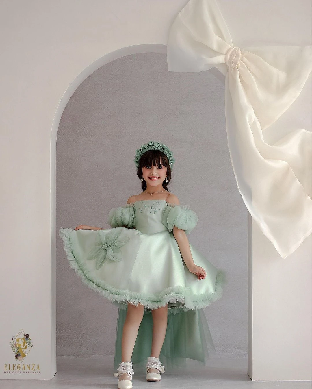 FATAPAESE Customized Flower Girl Dress High-Low Off-shoulder Gown Kid Fluffy Puffy Sleeve Detachable Tail JuniorBridesmaid