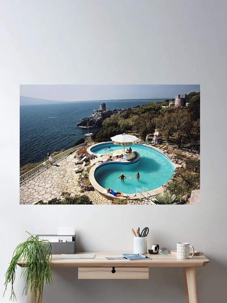 Slim Aarons 'Pool At Villa Gli Arieti', Print Art Canvas Poster, Living Room, Home Wall Decor Picture