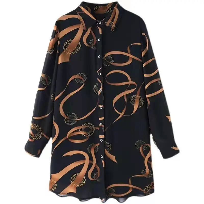 Women\'s Korean Fashion Print Oversized Button Up Shirt Vintage Elegant Lapel Long Sleeve Blouse Spring Autumn Casual Tunic Tops