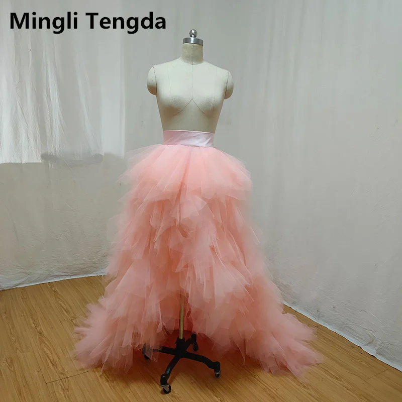 Mingli Tengda Multilayer Irregular Bridal Train Skirt Detachable Tulle Bride Petticoat Crinoline Women Under Dress Peach Pink