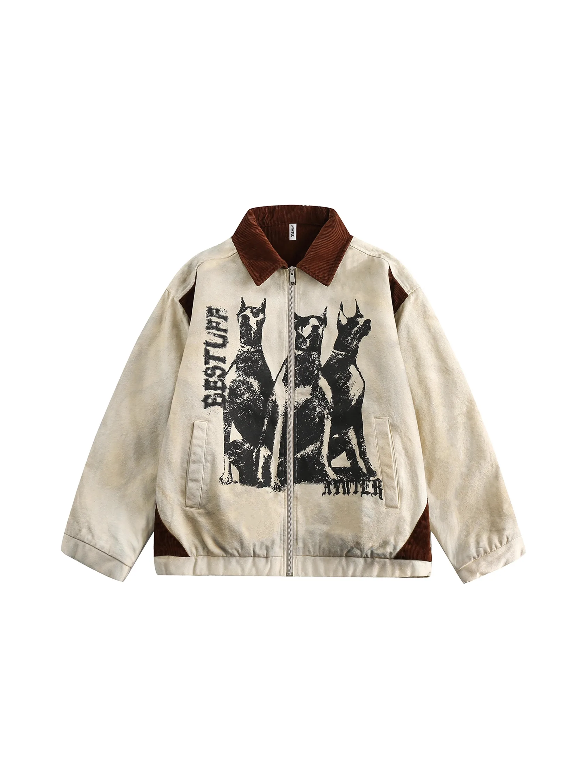 

Retro American Autumnal Jaet with Doberman Print Stand Collar ex Aalyptic Sle Trendy Loose Outerwear for Youth