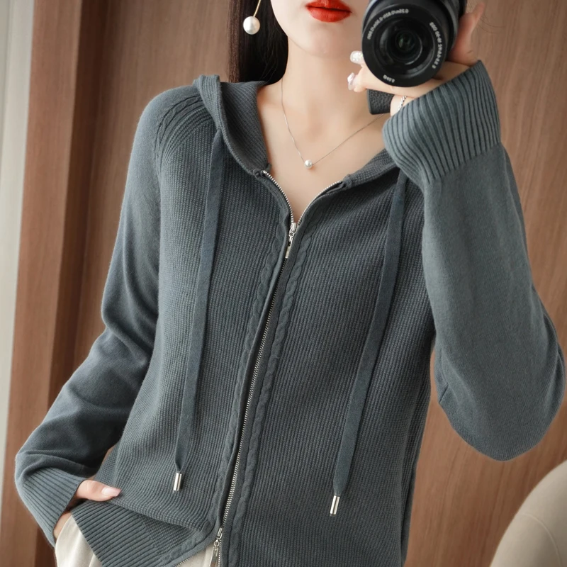 100% Cashmere Sweater Women\'s Hooded cardigan Fashion Loose Casual Cashmere Sweater Women\'s Thickened Top Coat Korean Version