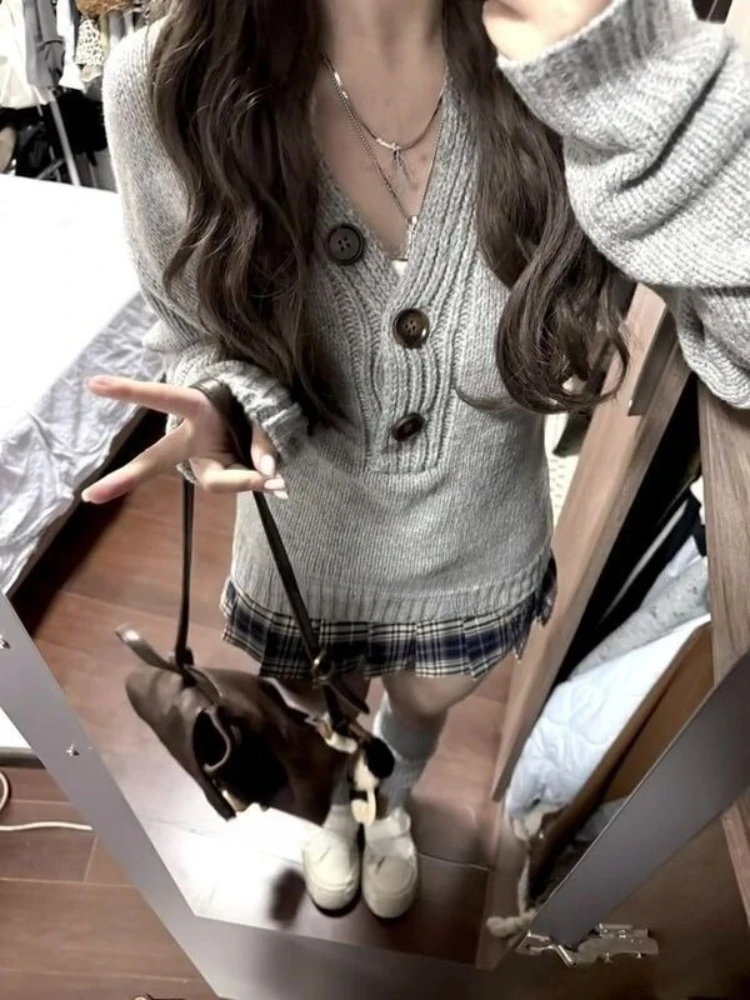 Otoño elegante suéteres de punto Slim Fit de manga larga mujeres Casual jerseys Vintage Color gris Corea lindo estilo Kawaii Jumper