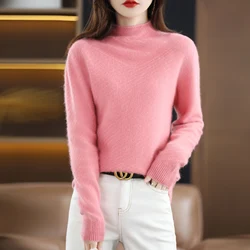 Autumn and Winter 2022 New Women's Sweater 100% Mink Cashmere Half High Collar Knitted Pullover Regular Fashion Women's Top