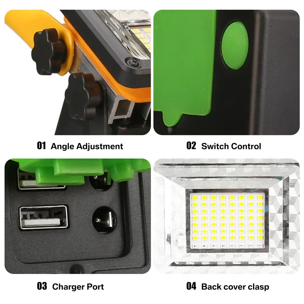 Portable 64 LEDS 60W Spotlight Work Light IP65 Outdoor Waterproof Emergency Work Light with USB Port for Charging Camping Hiking