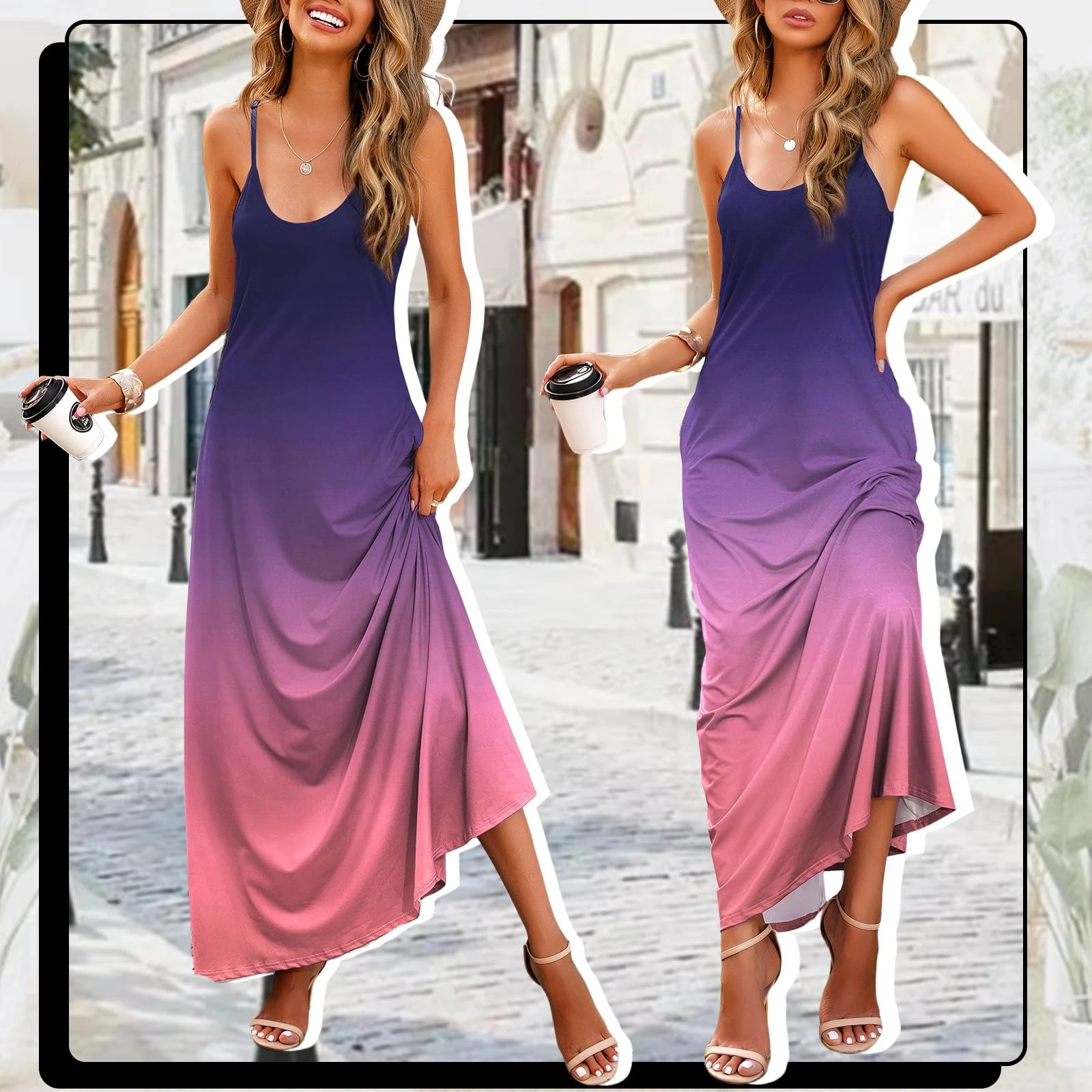 Damska letnia luźna sukienka bez rękawów Casual Spaghetti Strap Maxi Dress Oversized Clashing Colors Printed Beach Long Dress