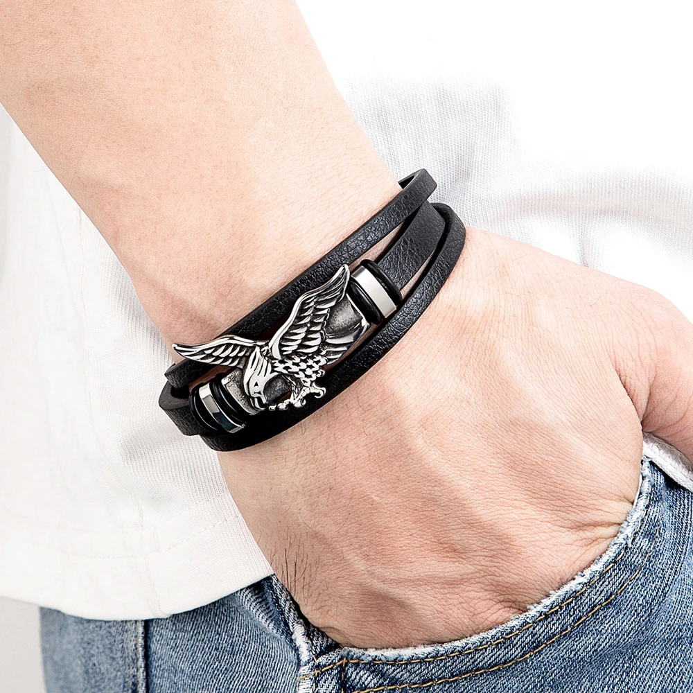 XQNI Animal Eagle Bracelet for Men Hand Multi-Layers Black Leather with Magnetic Charm Bracelet Clasp Boyfriend Jewelry Gift
