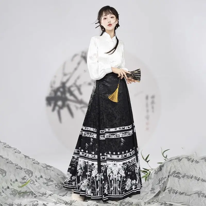 Black Modern Hanfu MaMian Qun Ming Dynasty Horse Face Skirt Traditional Chinese Ancient Hanfu Long Skirts Elegant Women's WATER